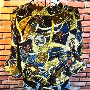 👚 JoS. A. Bank 80’s Equestrian Blouse — Baroque Print in Blue / Gold — Sz 8